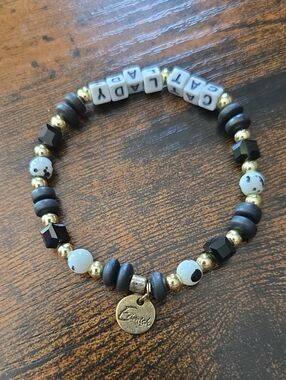 Erimish Gold, Black, and White 'LADY CAT' Beaded Bracelet